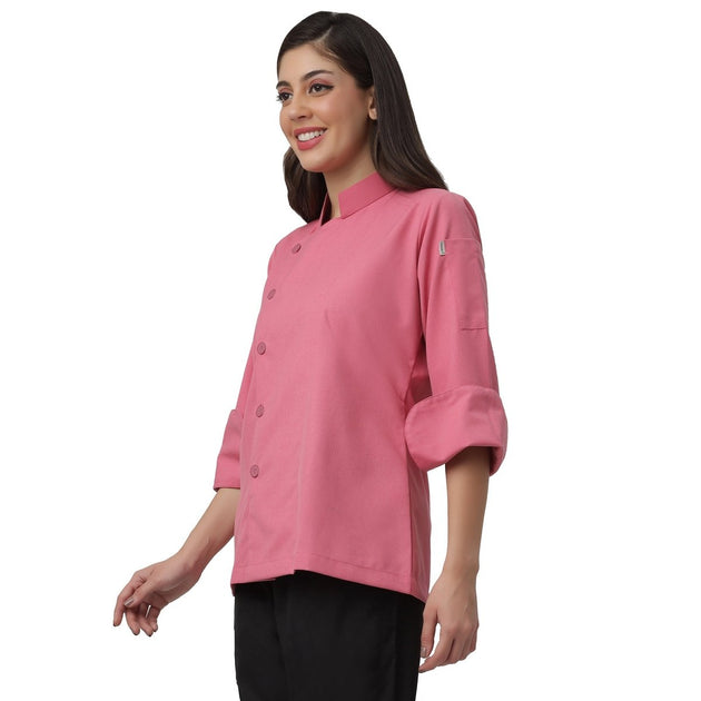 Lite Women Full Sleeve Chef Coat (Pink) - Free Embroidery - Uwears®