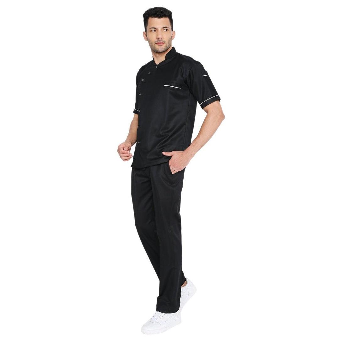 Modern Half Sleeve Chef Coat Snap Button (Black/White) - Free Embroidery - Uwears®