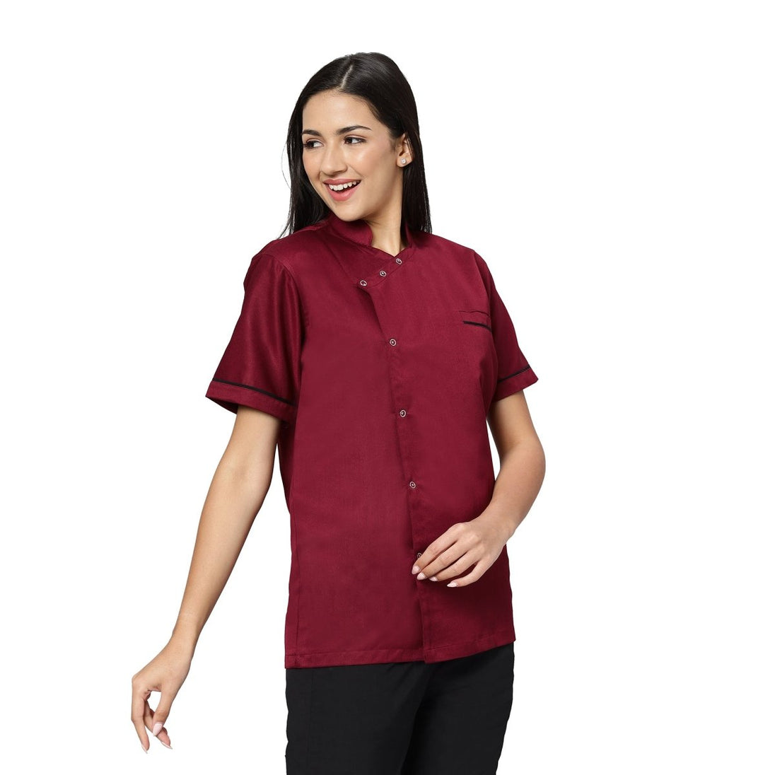 Modern Half Sleeve Chef Coat Snap Button (Maroon/Black) - Free Embroidery - Uwears®