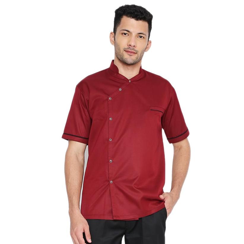 Modern Half Sleeve Chef Coat Snap Button (Maroon/Black) - Free Embroidery - Uwears®