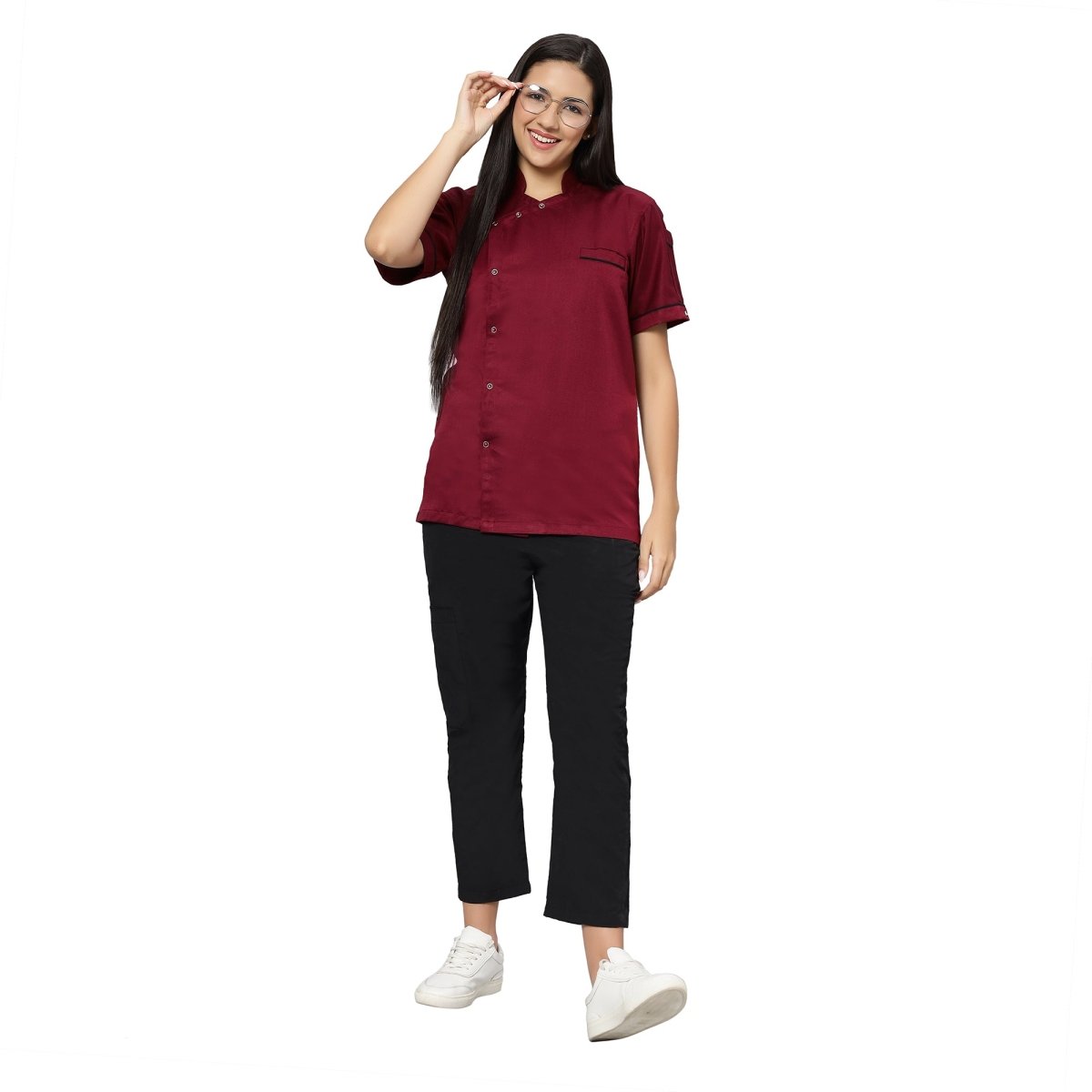 Modern Half Sleeve Chef Coat Snap Button (Maroon/Black) - Free Embroidery - Uwears®