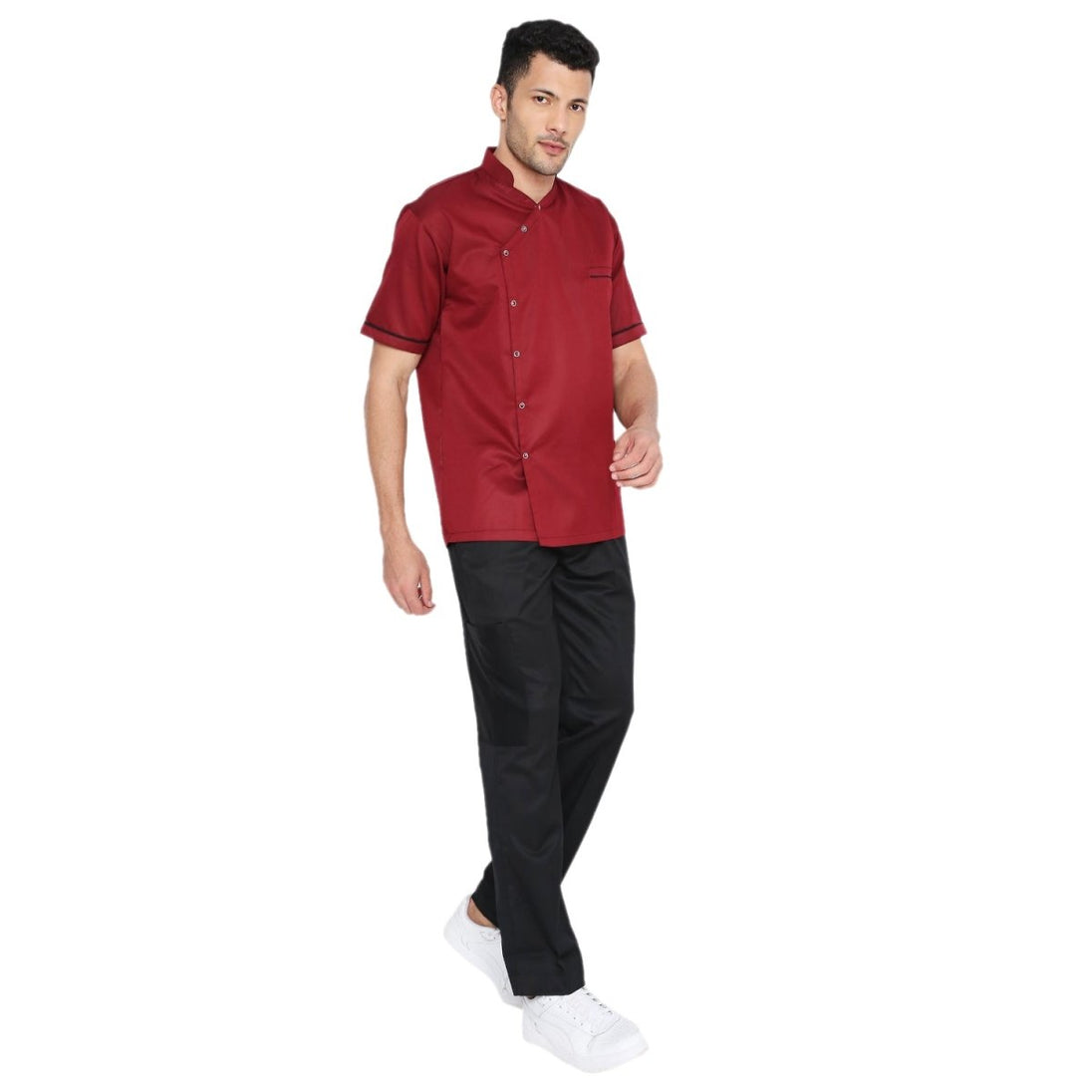Modern Half Sleeve Chef Coat Snap Button (Maroon/Black) - Free Embroidery - Uwears®