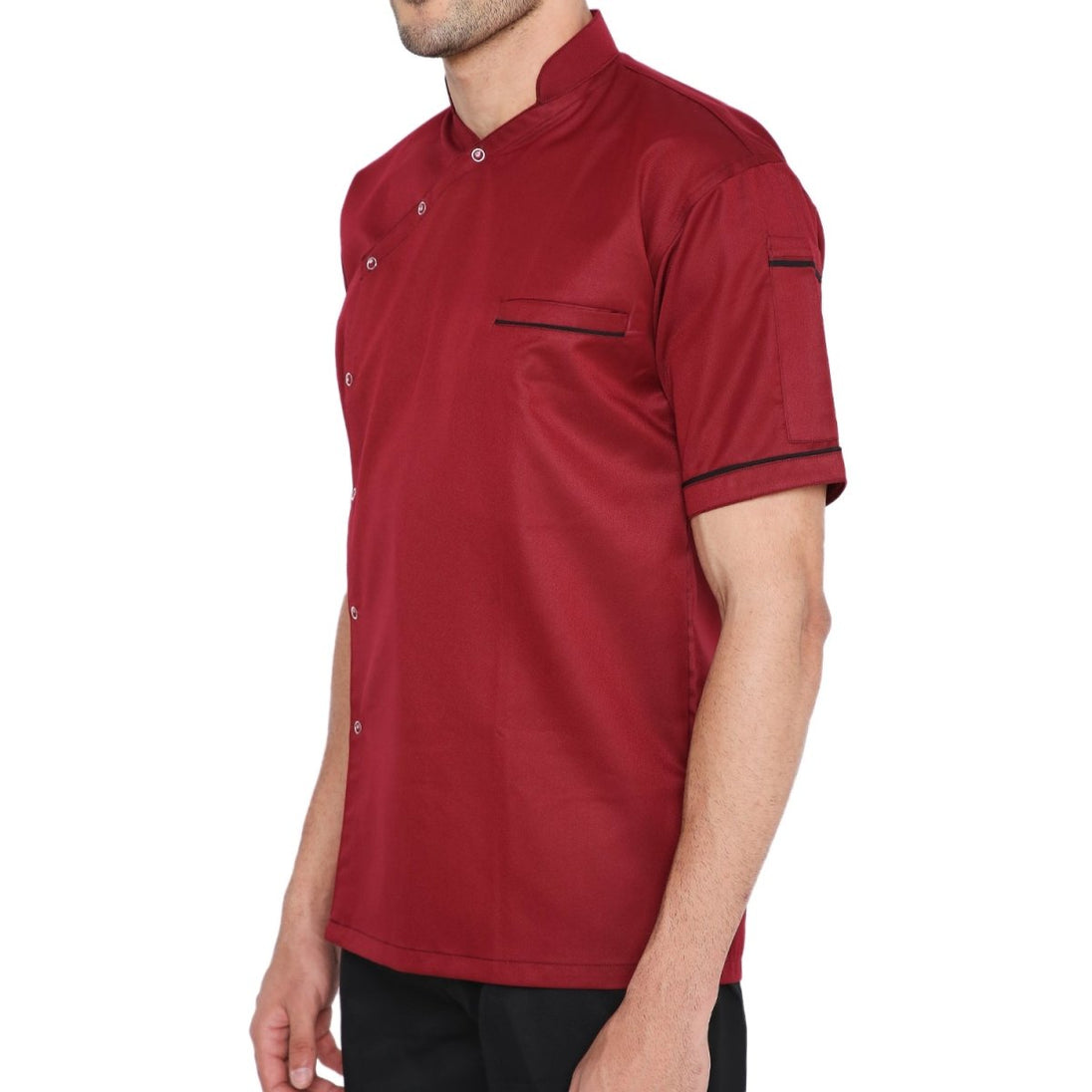 Modern Half Sleeve Chef Coat Snap Button (Maroon/Black) - Free Embroidery - Uwears®