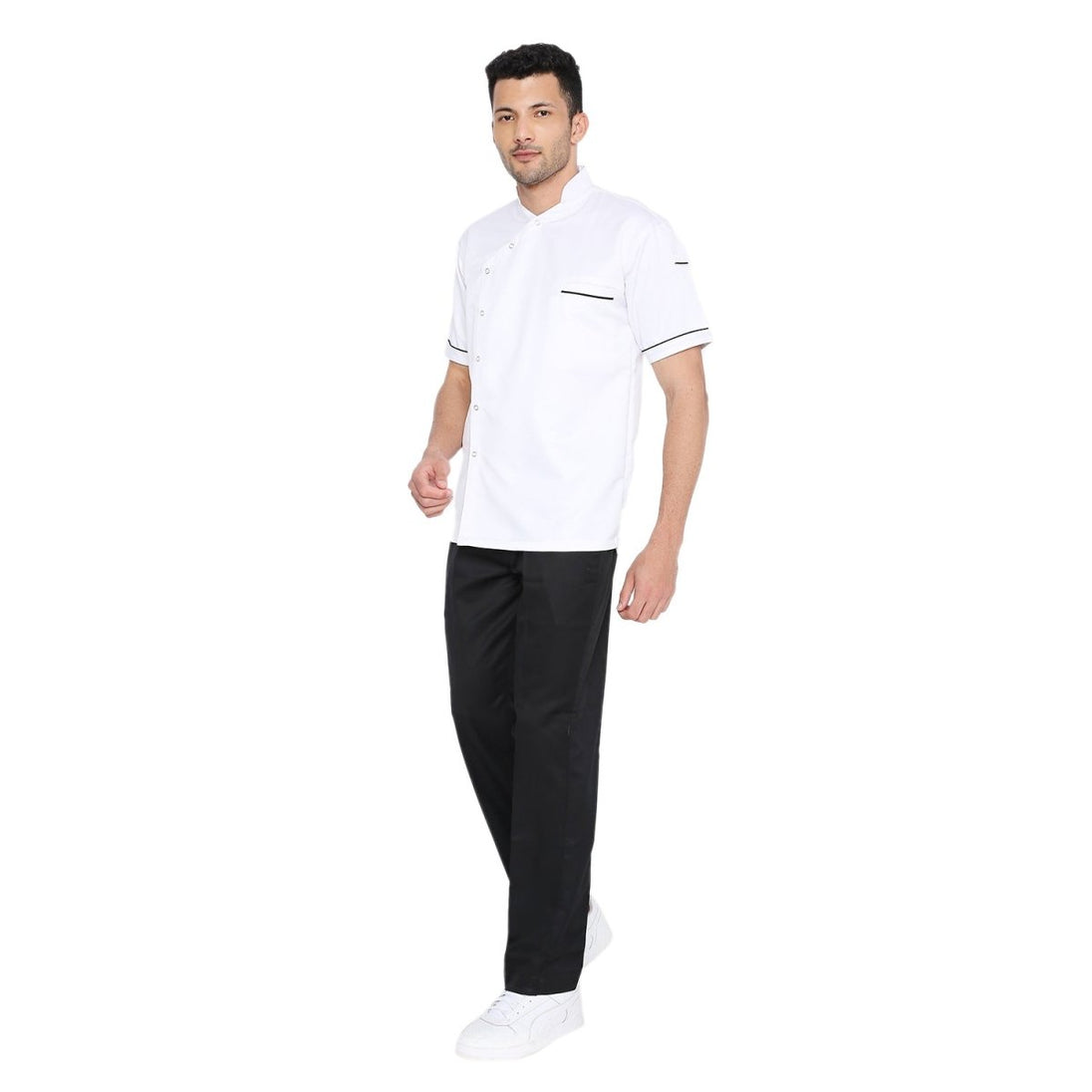 Modern Half Sleeve Chef Coat Snap Button (White/Black) - Free Embroidery - Uwears®