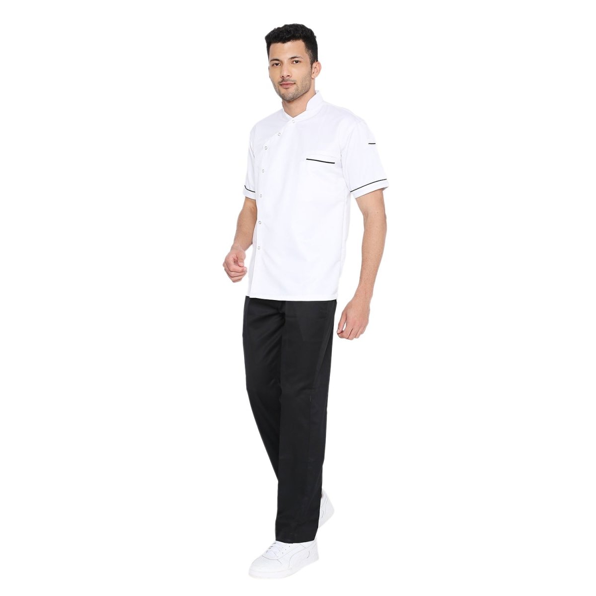 Modern Half Sleeve Chef Coat Snap Button (White/Black) - Free Embroidery - Uwears®