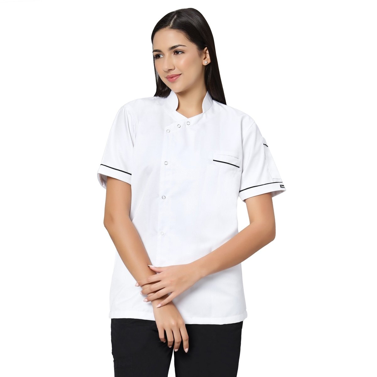 Modern Half Sleeve Chef Coat Snap Button (White/Black) - Free Embroidery - Uwears®