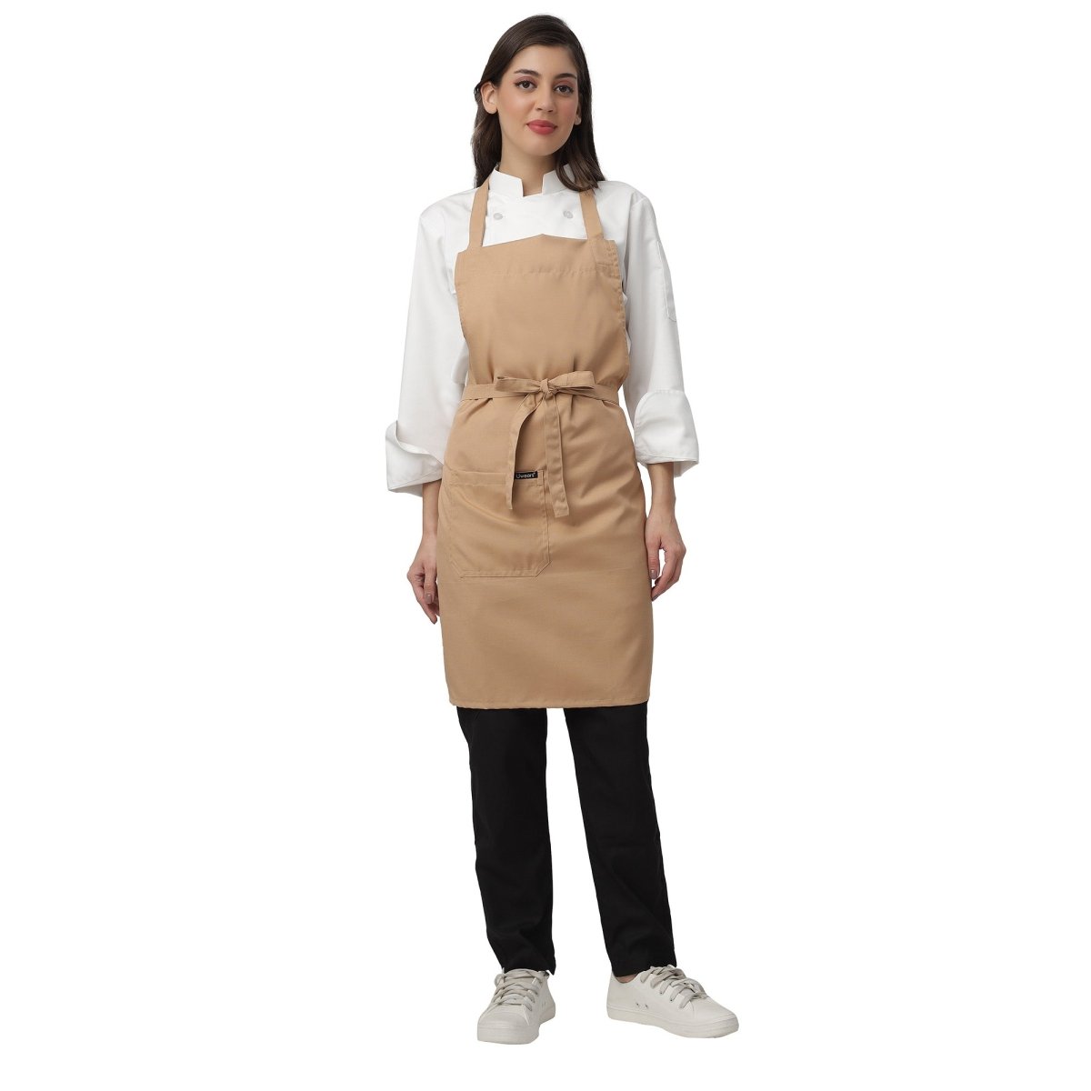 Beige apron pocket detail — deep front pocket for kitchen staff