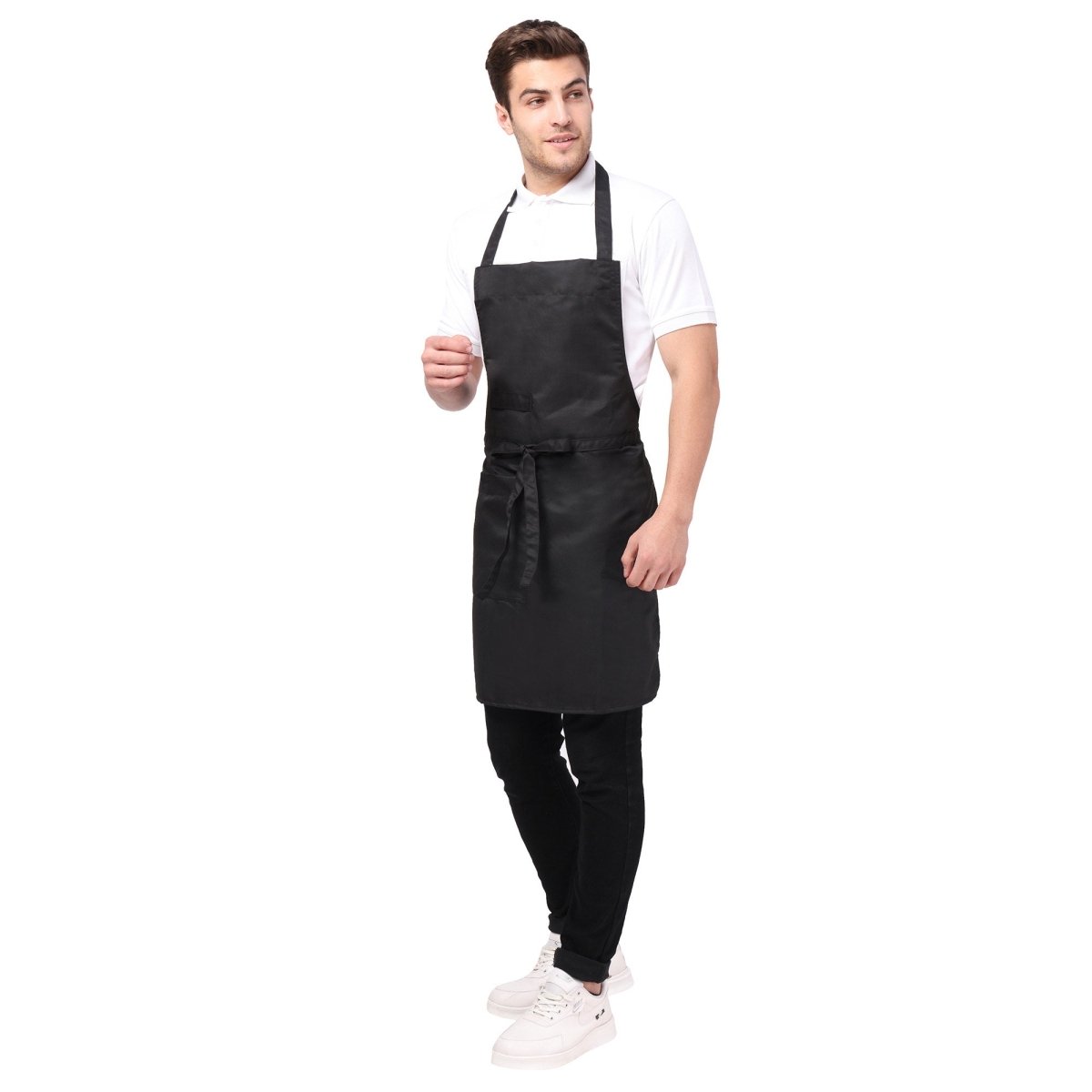 Pack of 4 black kitchen aprons front view — bulk restaurant uniform India