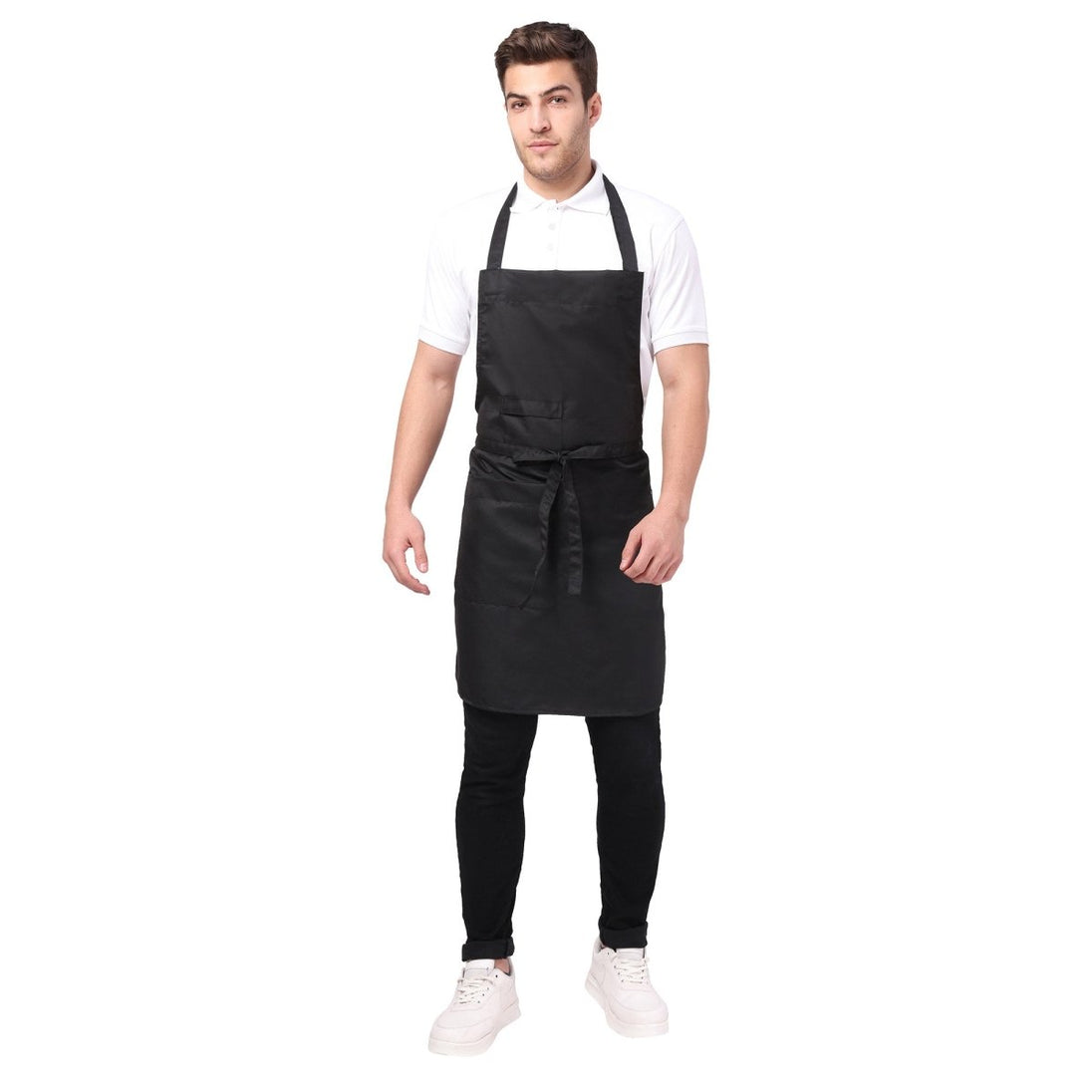 Set of 4 black aprons laid out — bulk order with free logo printing
