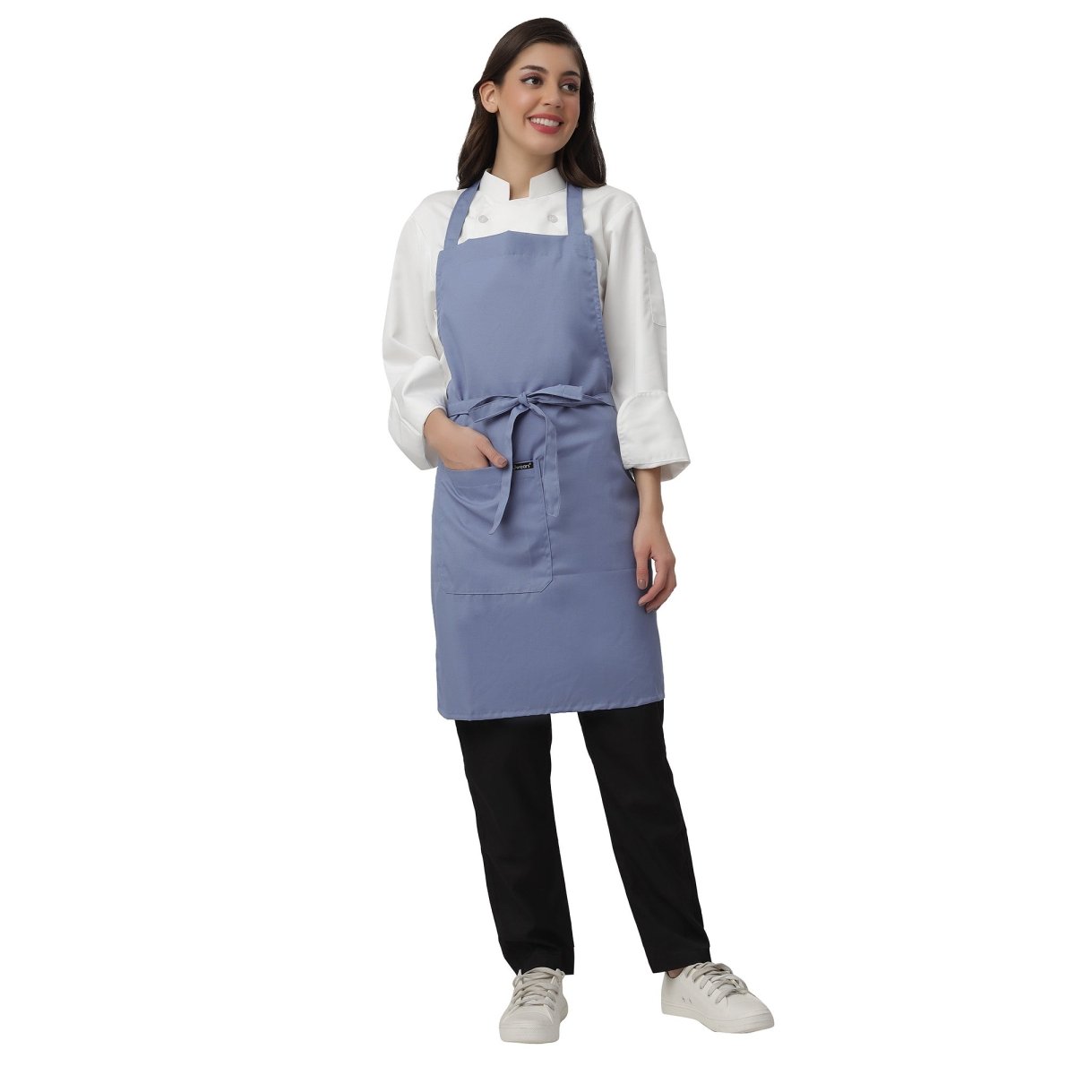 Pack of 4 ceil blue aprons on model — hotel and cafe staff uniform