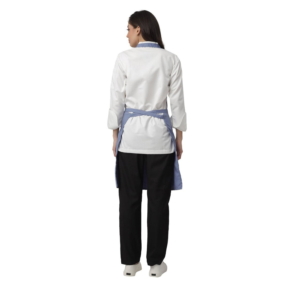 Set of 4 ceil blue aprons laid out — bulk order free logo printing
