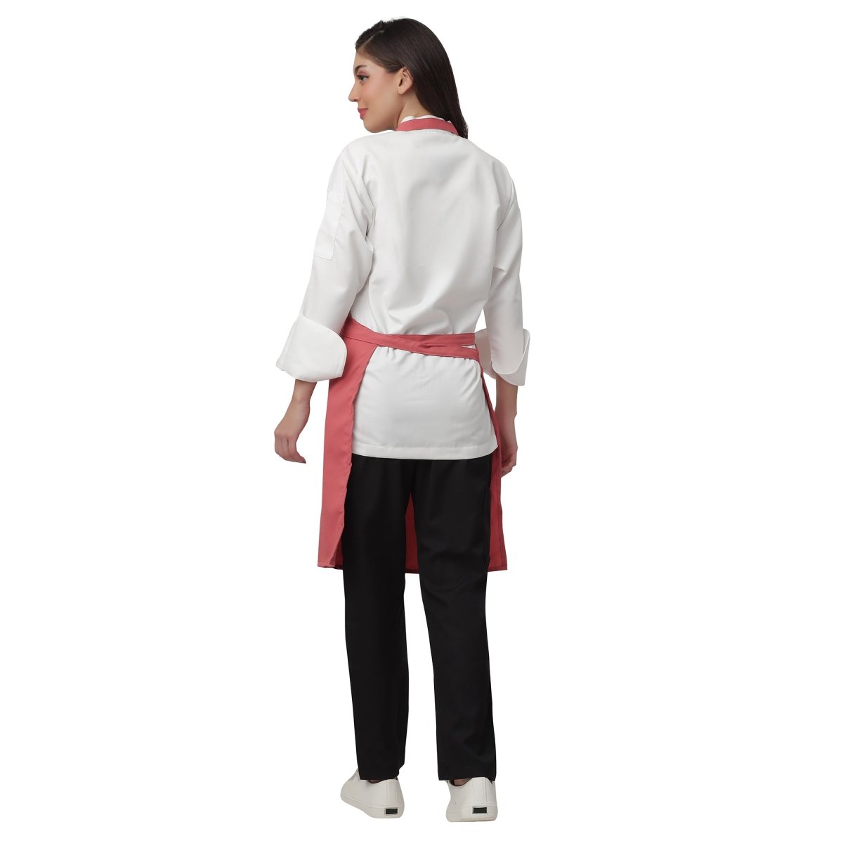 Pack of 4 coral pink aprons on model — restaurant and cafe uniform