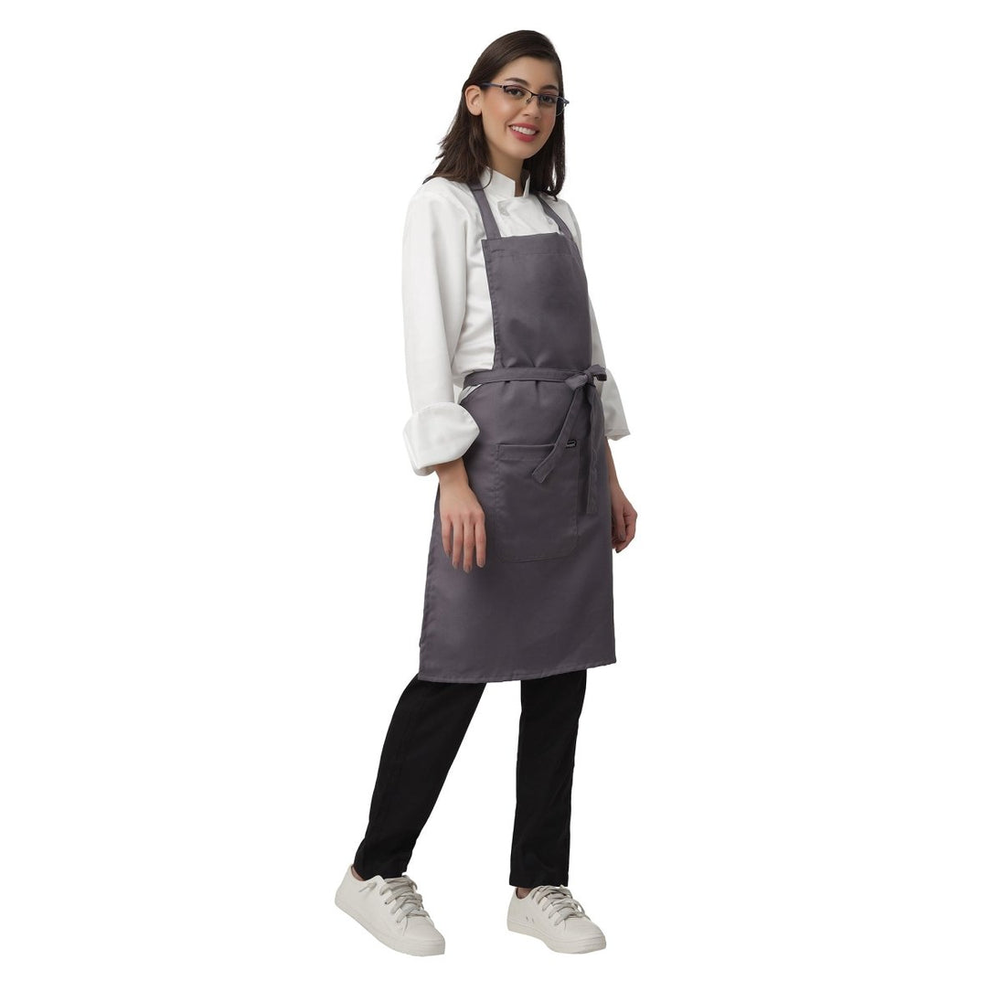 Grey apron pocket detail — deep front pocket for kitchen staff