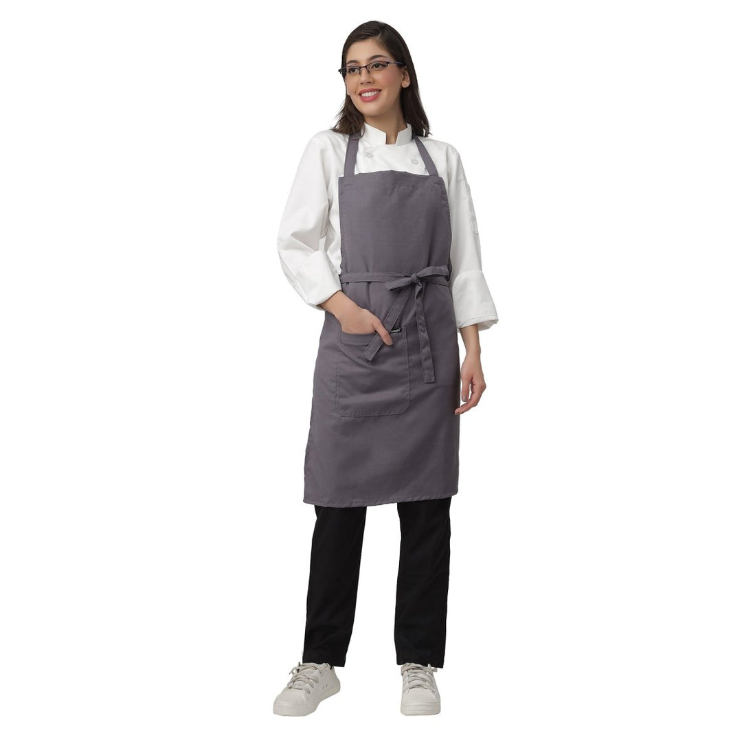 Pack of 4 grey kitchen aprons front view — bulk restaurant uniform India