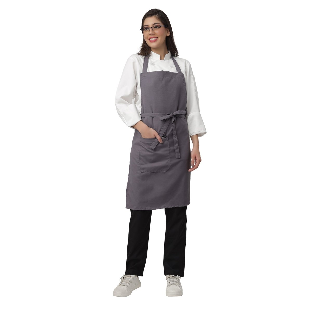 Pack of 4 grey kitchen aprons front view — bulk restaurant uniform India