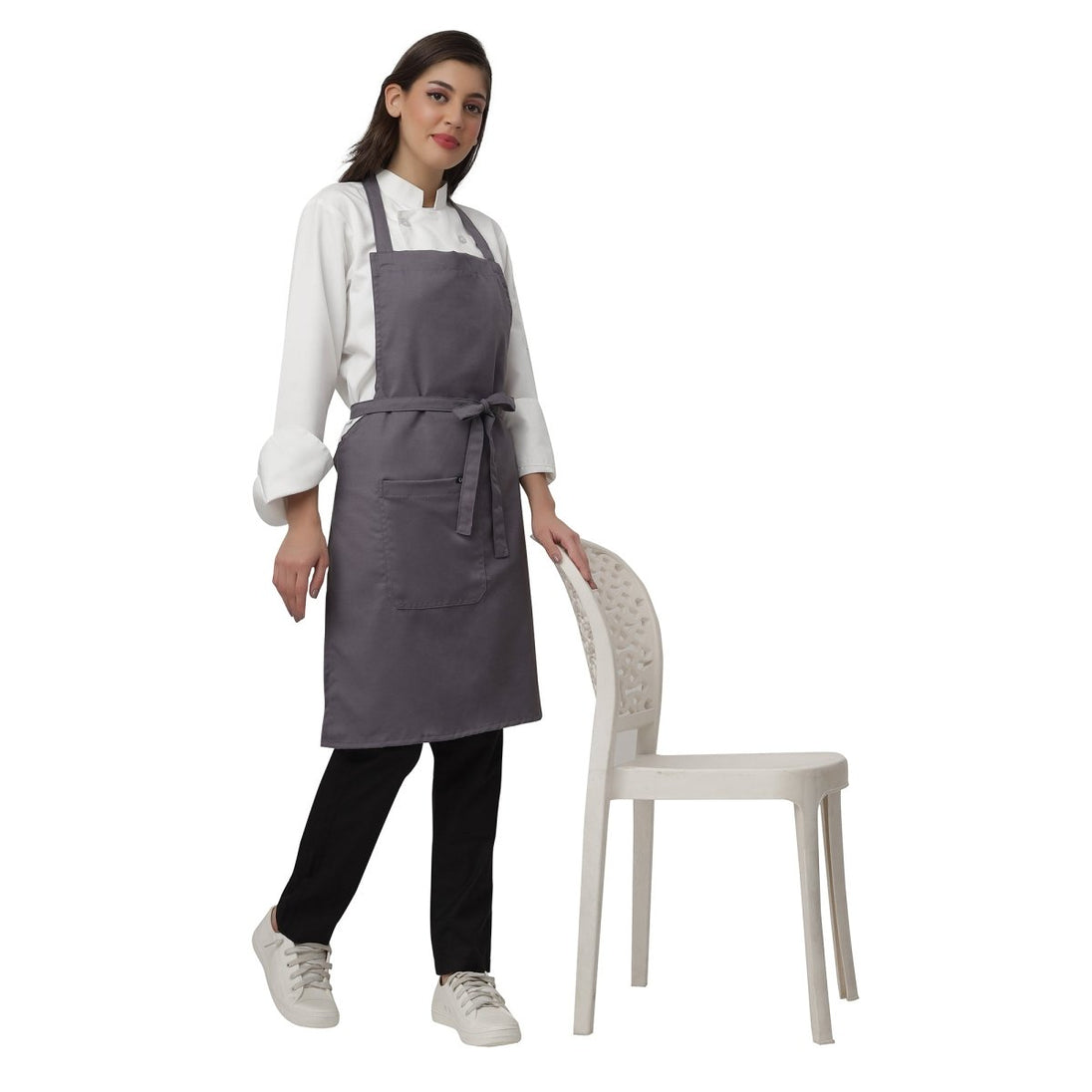 Custom logo on grey kitchen aprons — free embroidery bulk order India