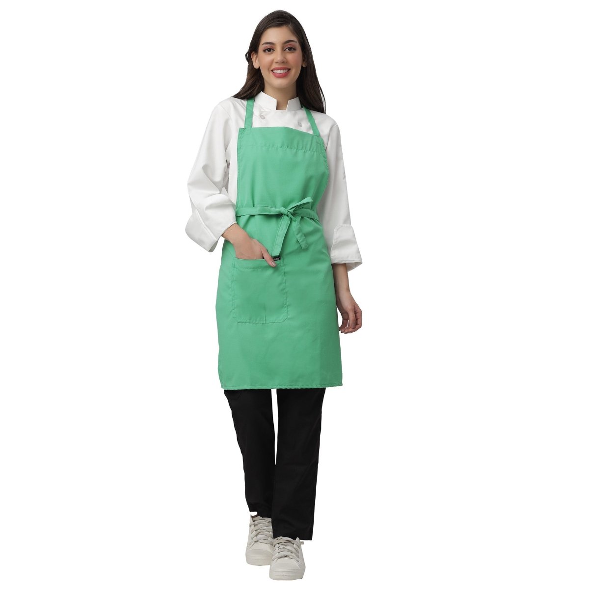 Pack of 4 light green kitchen aprons front view — bulk cafe uniform India