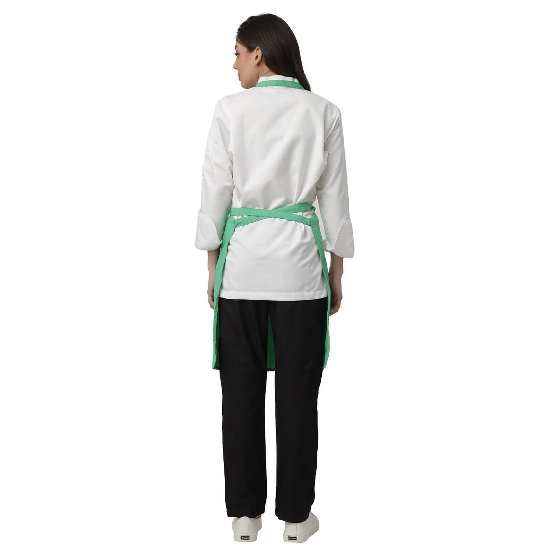 Set of 4 light green aprons laid out — bulk order free logo printing