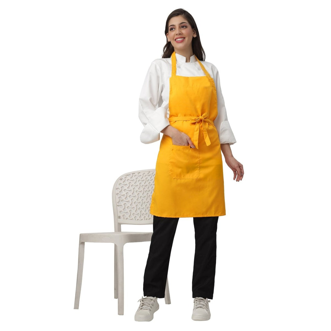 Pack of 4 mustard yellow kitchen aprons front view — bulk cafe uniform India