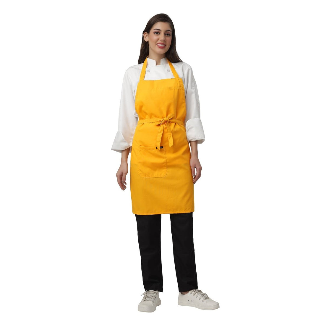 Set of 4 mustard yellow aprons laid out — bulk order free logo printing