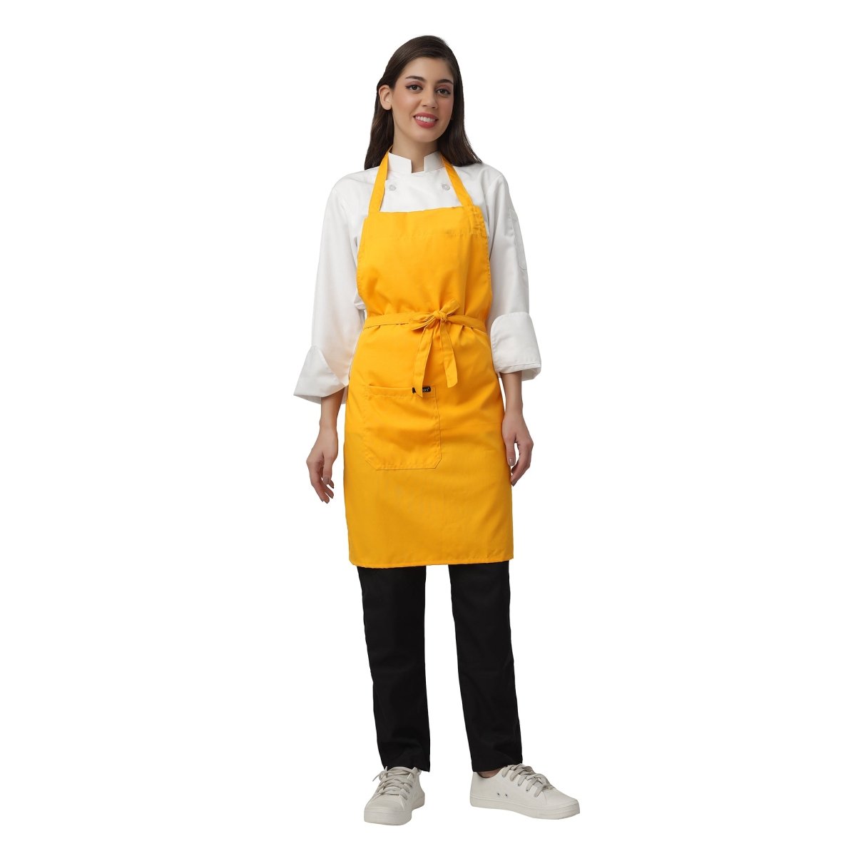 Set of 4 mustard yellow aprons laid out — bulk order free logo printing