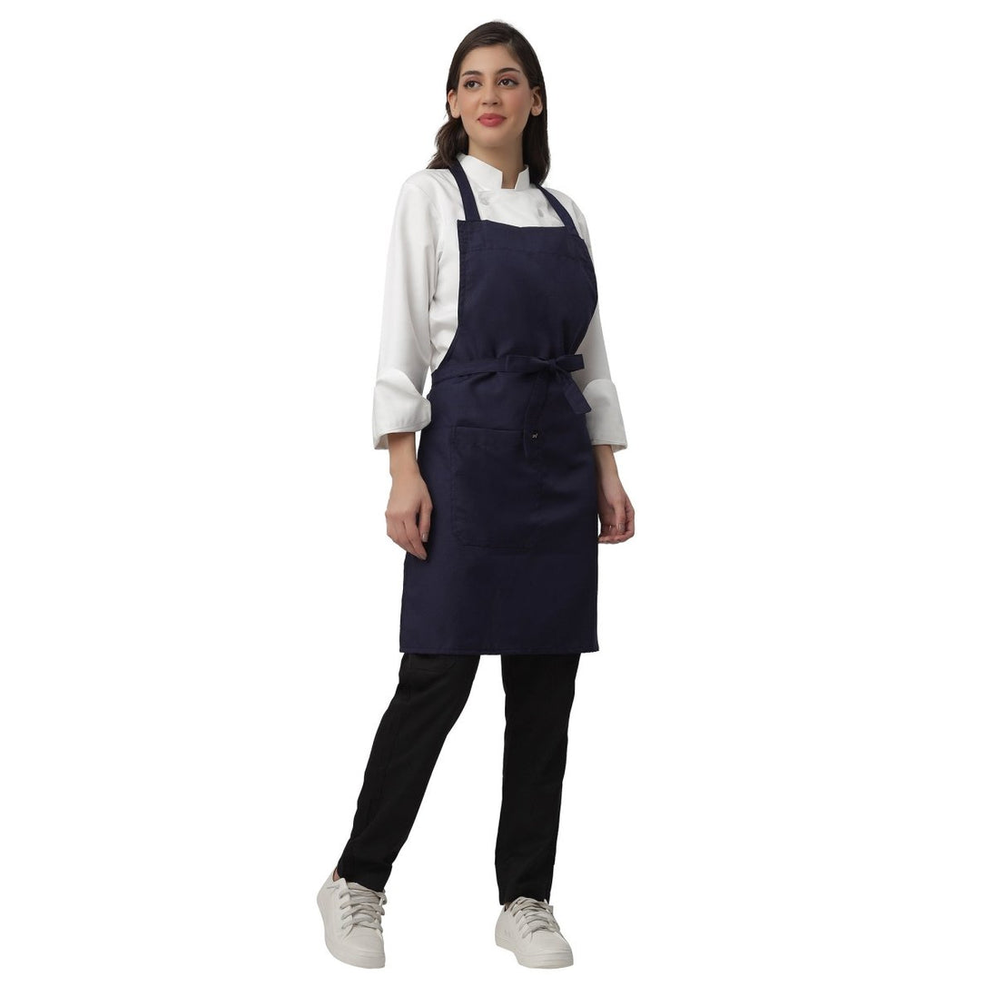 Navy blue apron pocket detail — deep front pocket for kitchen staff