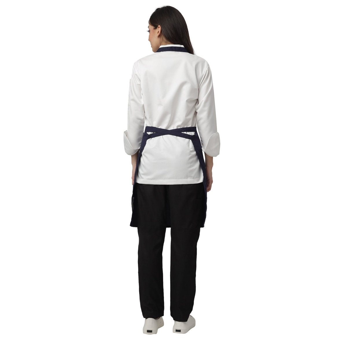 Custom logo on navy blue kitchen aprons — free embroidery bulk order