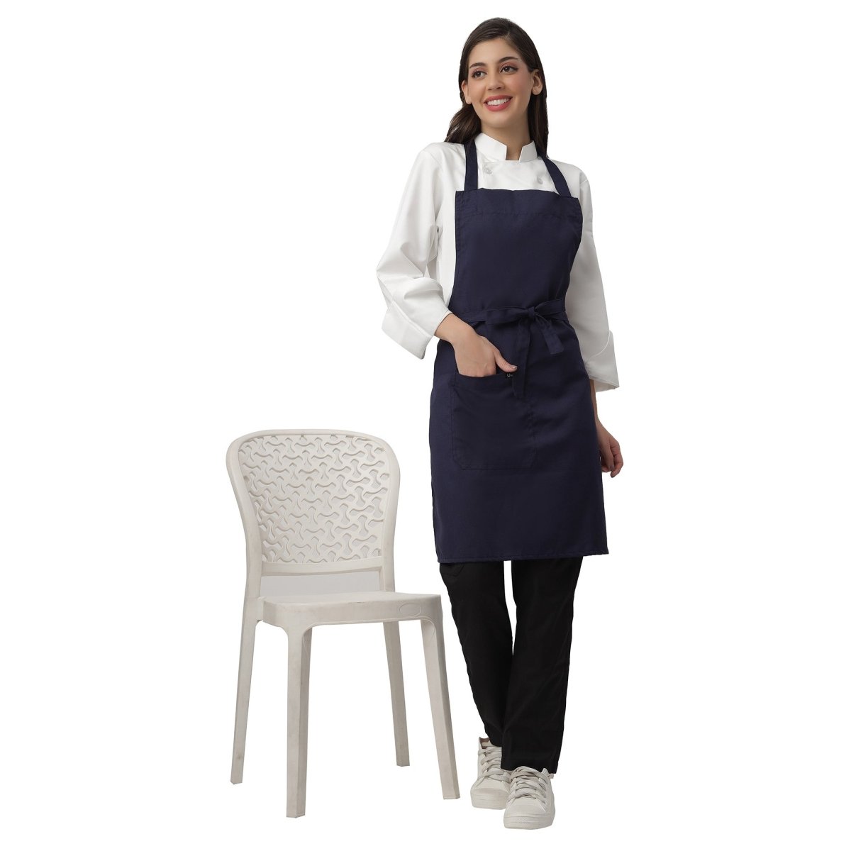 Navy blue bib apron flat lay — restaurant and hotel uniform India