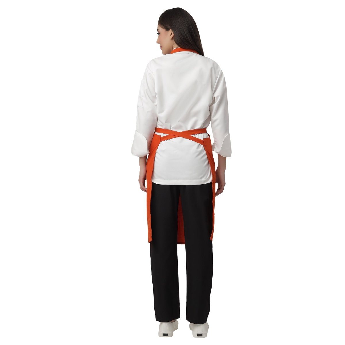 Custom logo on orange kitchen aprons — free embroidery bulk order India