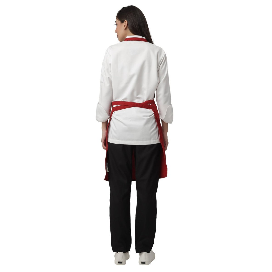 Set of 4 red aprons laid out — bulk order free logo printing