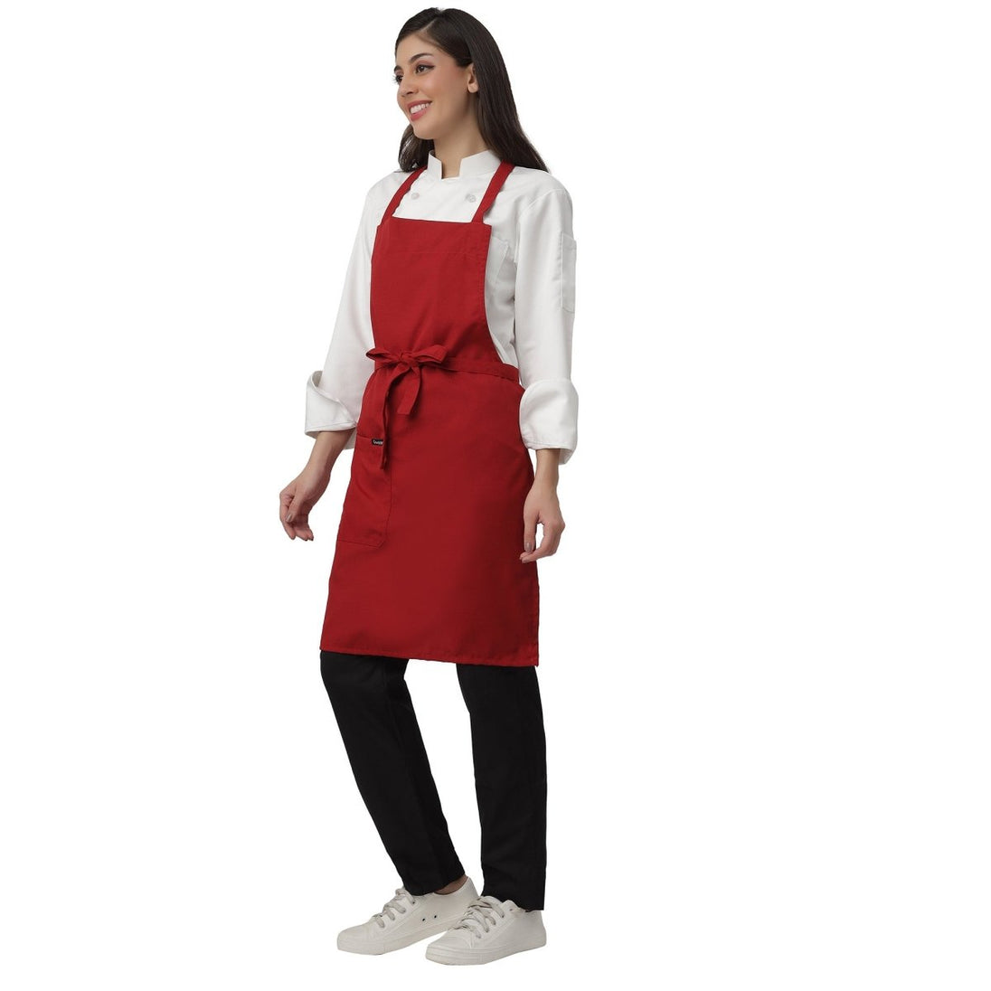 Custom logo on red kitchen aprons — free embroidery bulk order India