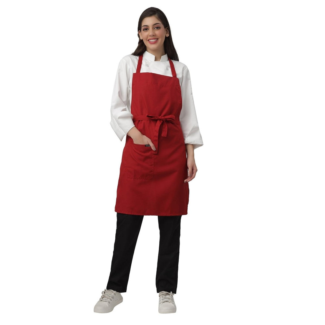 Pack of 4 red aprons on model — hotel and cafe staff uniform