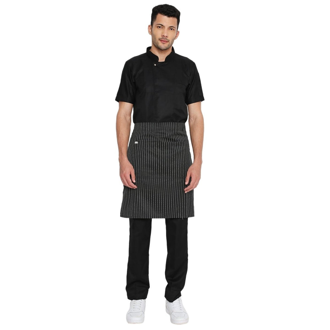 Pack of 4 black white fine line waist aprons front view — bulk cafe uniform