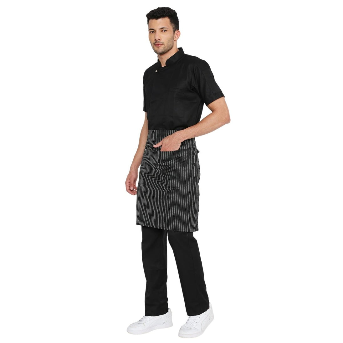 Set of 4 black white waist aprons laid out — bulk order free logo printing