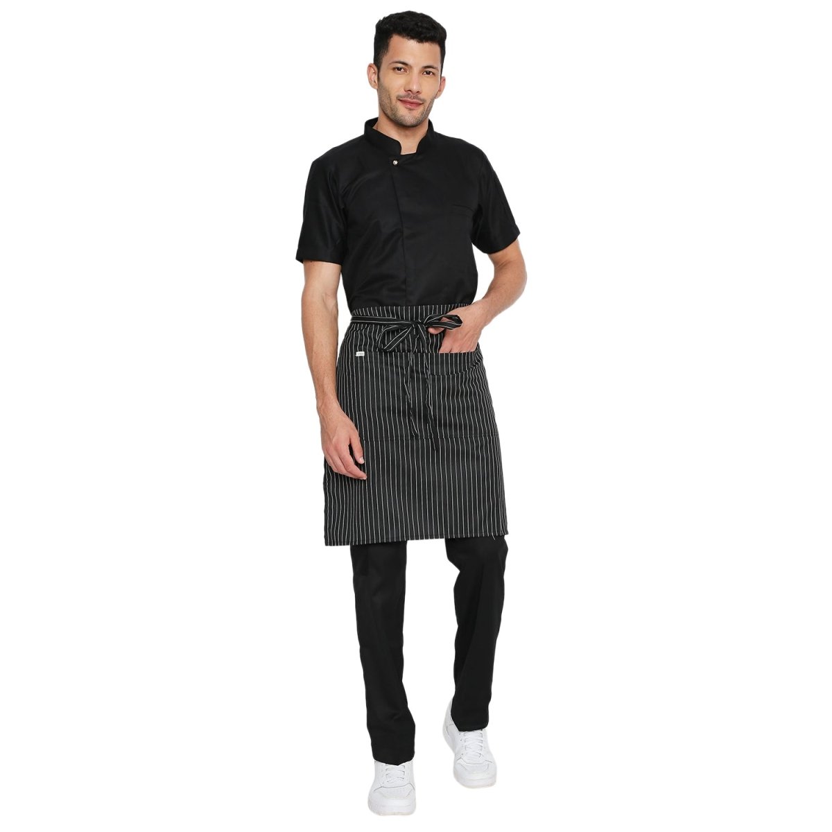Black white waist apron pocket detail — front pocket for order pad