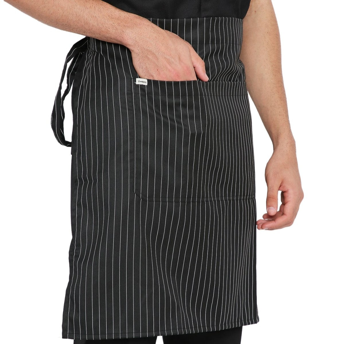 Custom logo on black white waist aprons — free embroidery bulk order