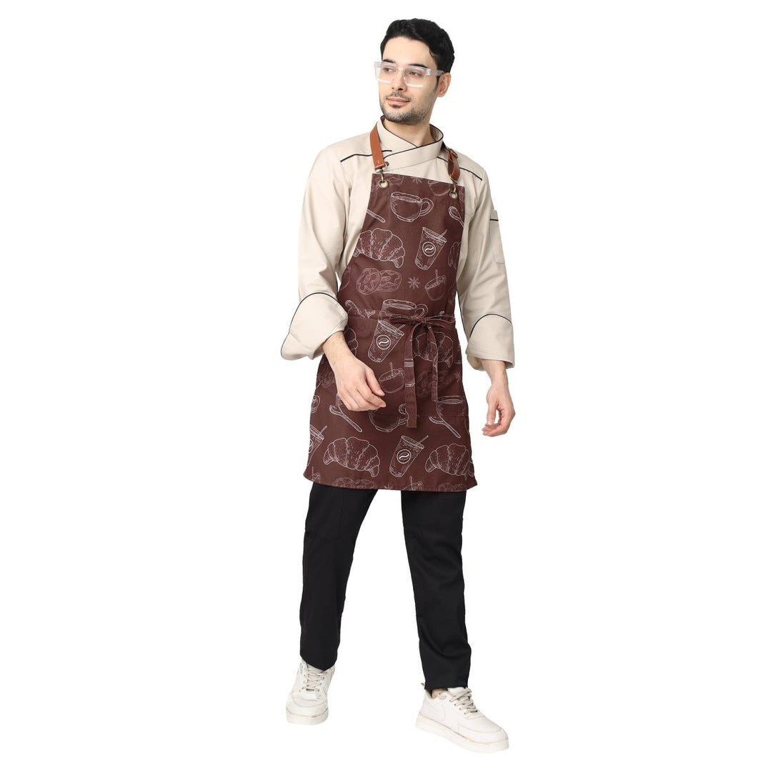 Canvas apron leather neck strap and buckle close-up — adjustable fit