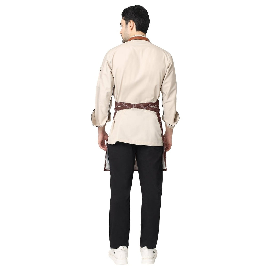 Canvas printed apron on model — cafe and coffee bar uniform India