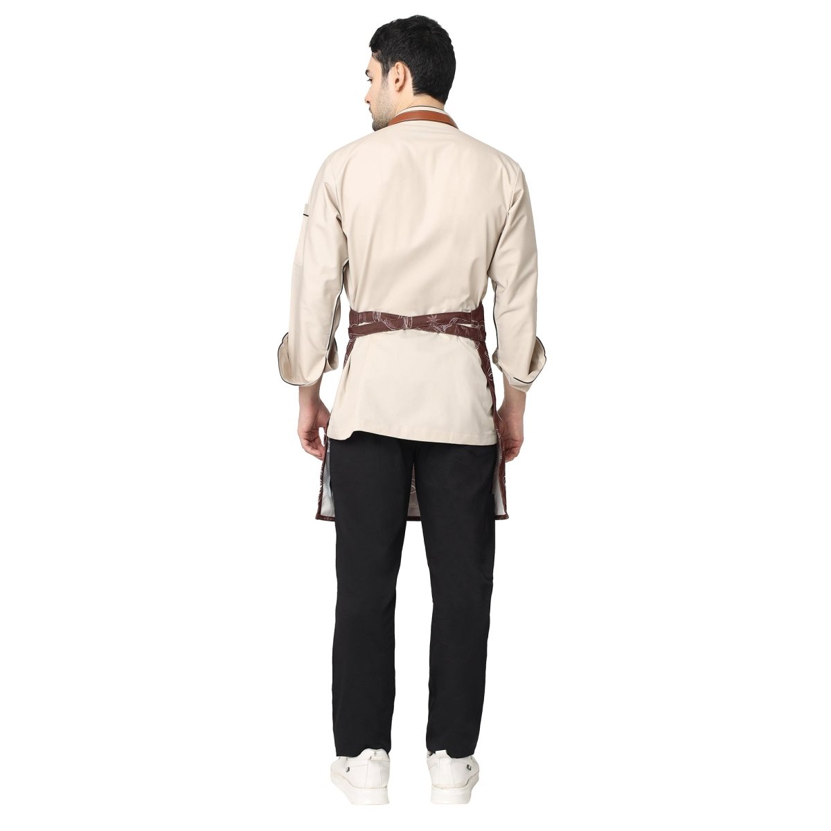 Canvas printed apron on model — cafe and coffee bar uniform India