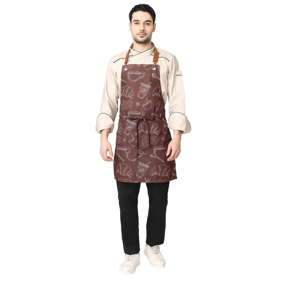 Premium canvas printed barista apron front view — leather neck strap, front pocket