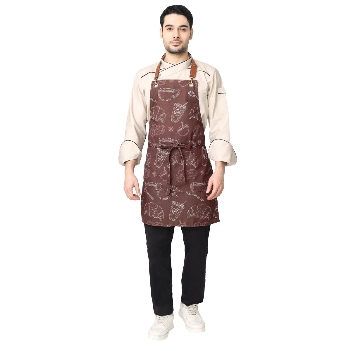 Premium canvas printed barista apron front view — leather neck strap, front pocket