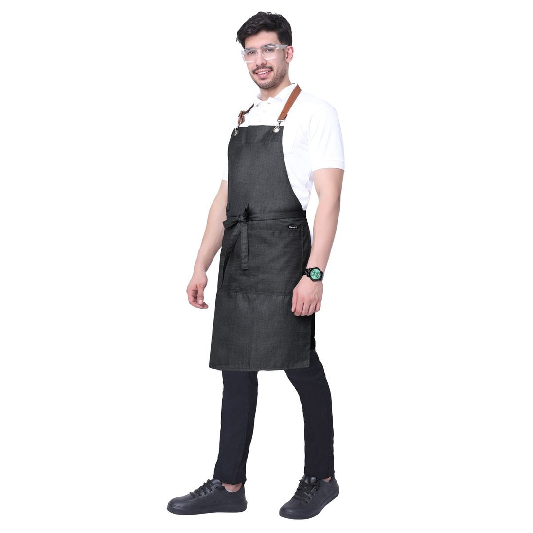 Premium Denim Apron with Leather Strap (Black Grey) - Free Embroidery - Uwears®
