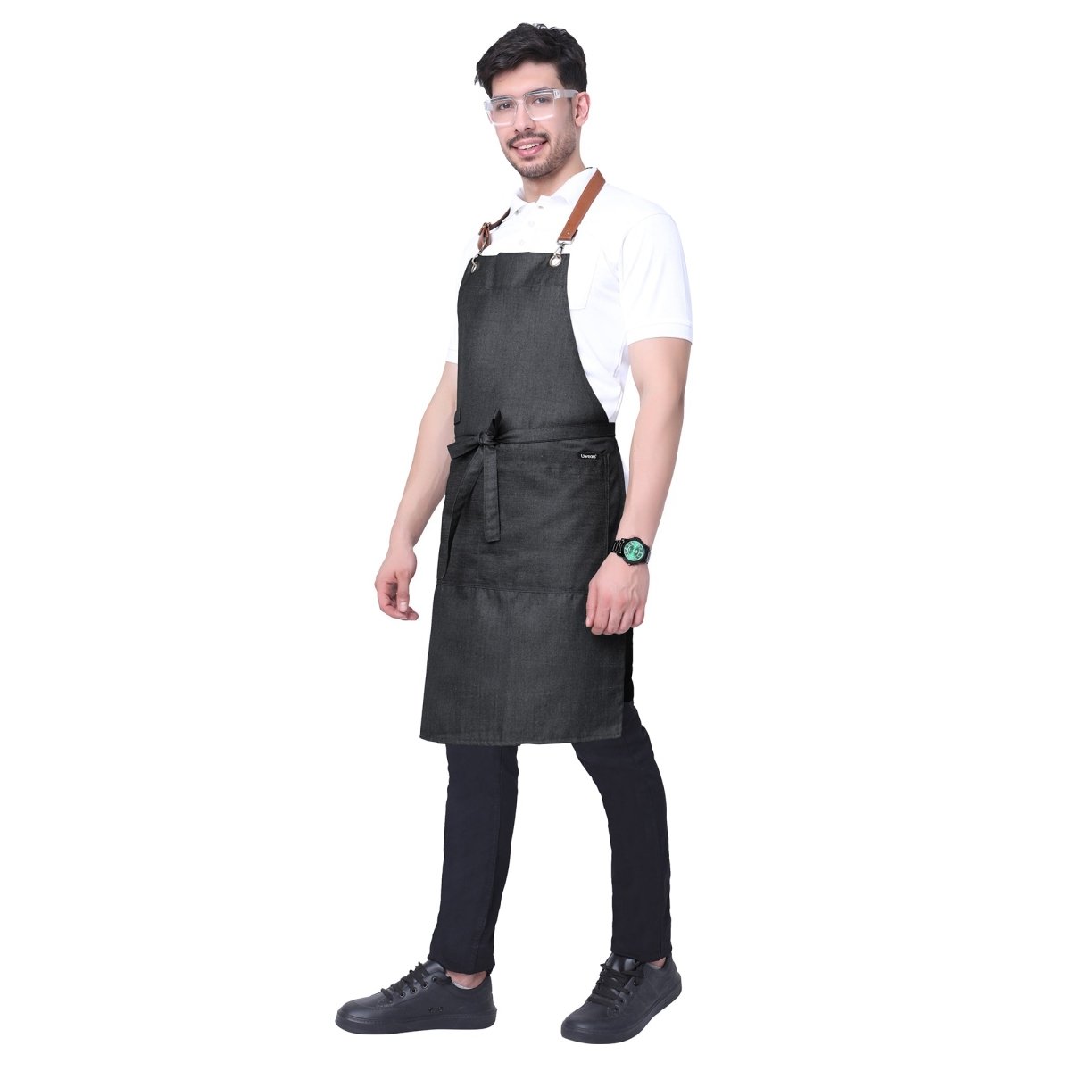 Premium Denim Apron with Leather Strap (Black Grey) - Free Embroidery - Uwears®