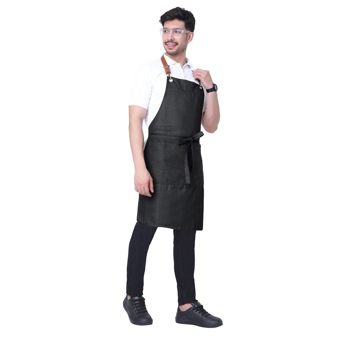 Premium Denim Apron with Leather Strap (Black Grey) - Free Embroidery - Uwears®