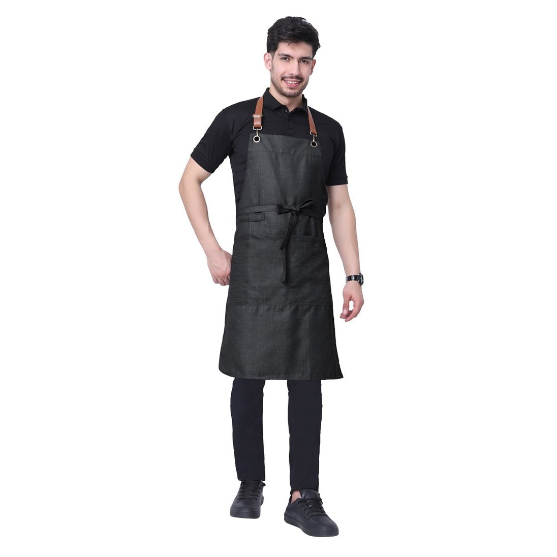 Premium Denim Apron with Leather Strap (Black Grey) - Free Embroidery - Uwears®
