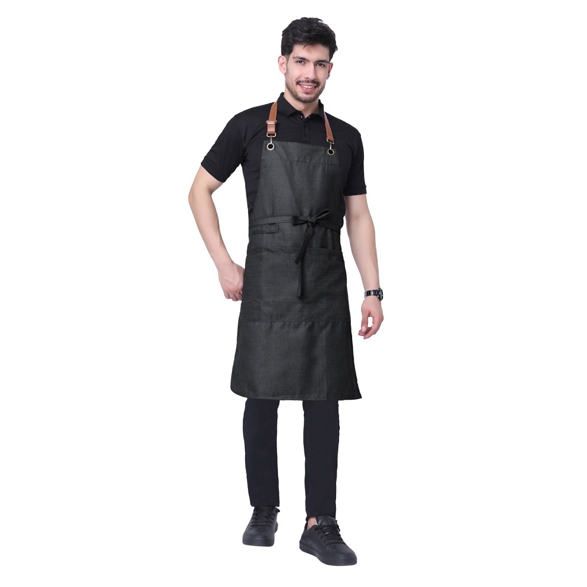 Premium Denim Apron with Leather Strap (Black Grey) - Free Embroidery - Uwears®