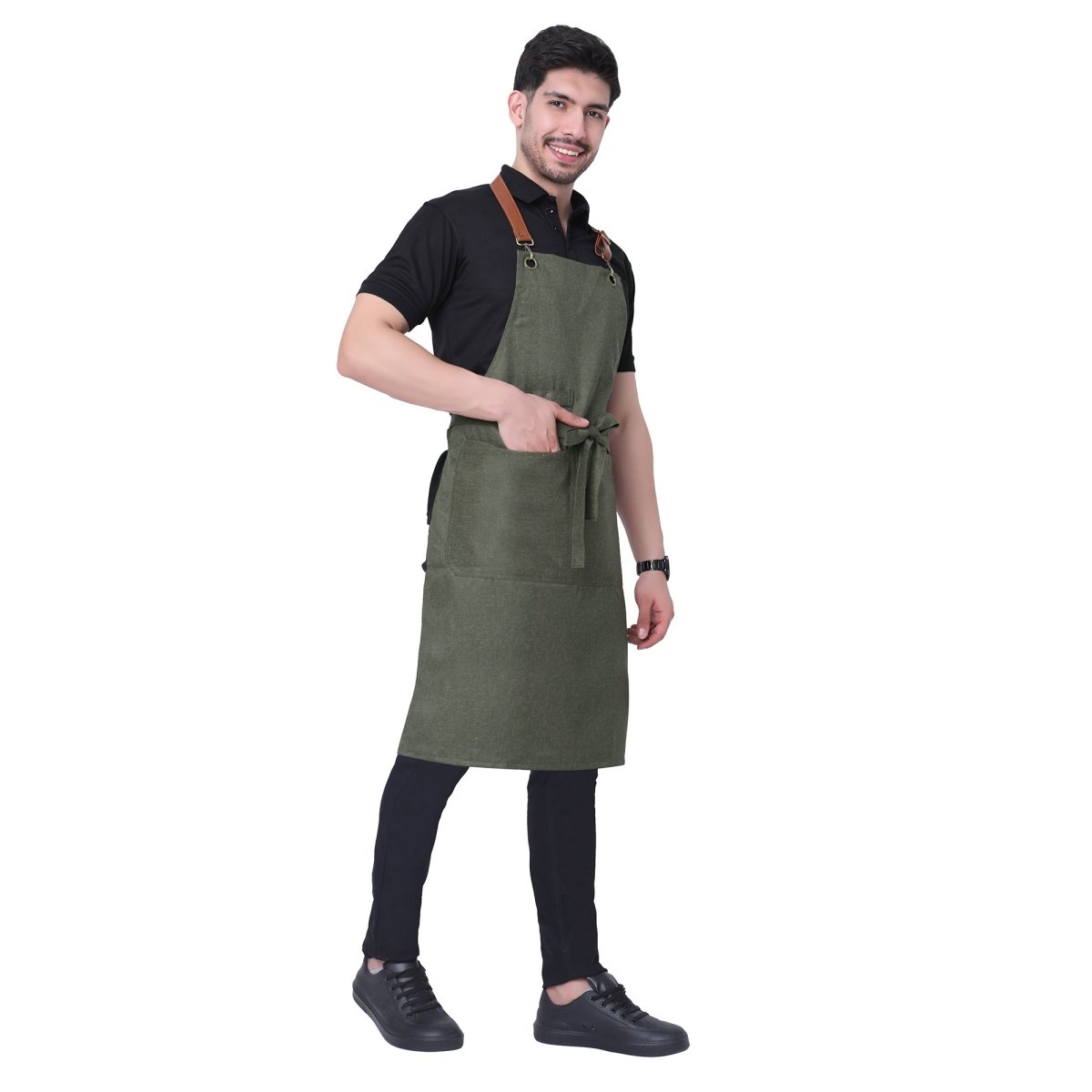 Premium Denim Apron with Leather Strap (Olive Green) - Free Embroidery - Uwears®
