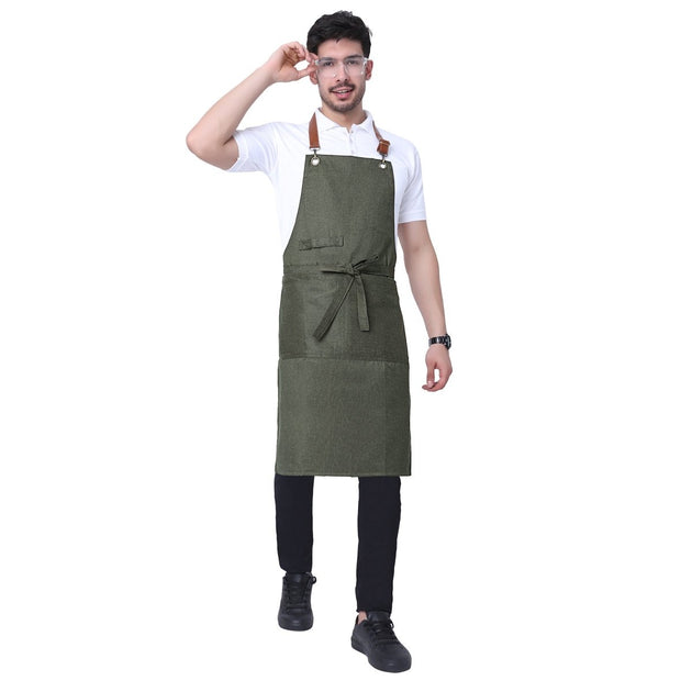 Premium Denim Apron with Leather Strap (Olive Green) - Free Embroidery - Uwears®