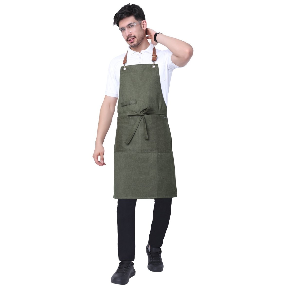 Premium Denim Apron with Leather Strap (Olive Green) - Free Embroidery - Uwears®