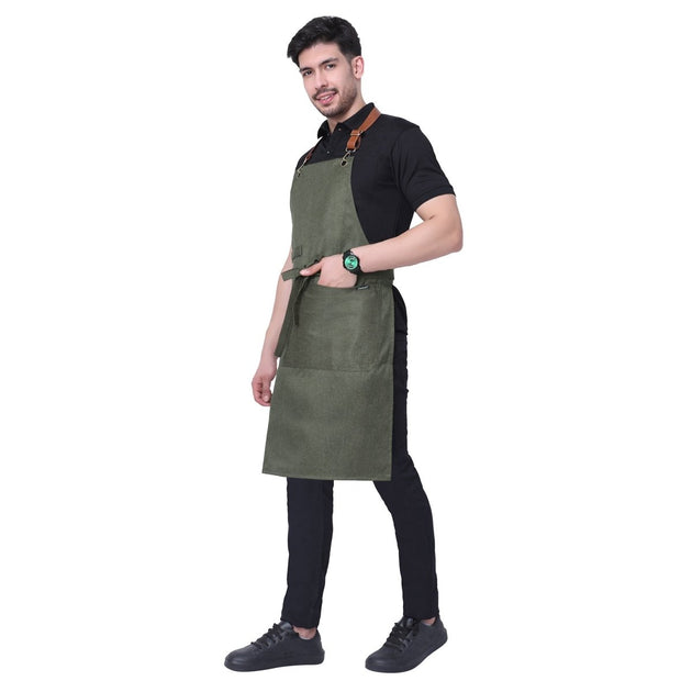 Premium Denim Apron with Leather Strap (Olive Green) - Free Embroidery - Uwears®